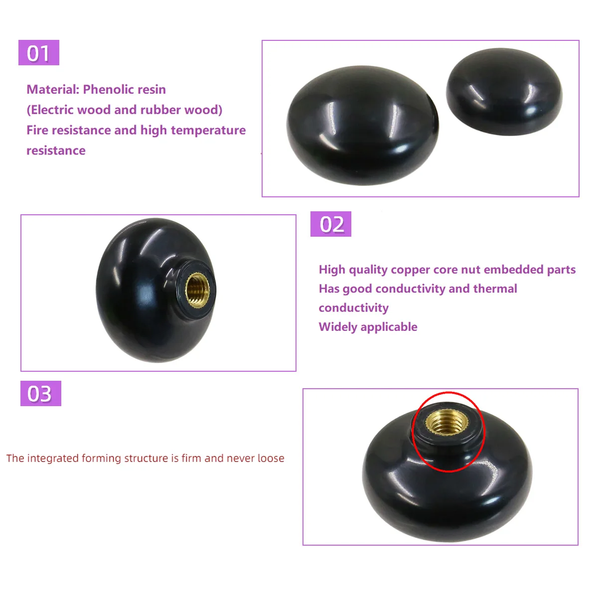 Bakelite Oval Ball Knob M5 M6 M8 M10 M12 Mushroom Shape Handle Nut with Stainless Steel / Copper Insert for Industrial Equipment