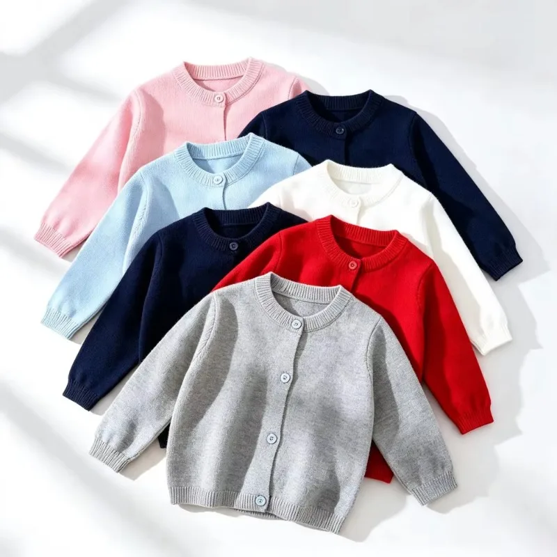 Toddler Pure Cotton Knitted Cardigan Boys Girls Round Neck Button Sweater Infant Soft Skin Friendly Coat Multi Color Optional