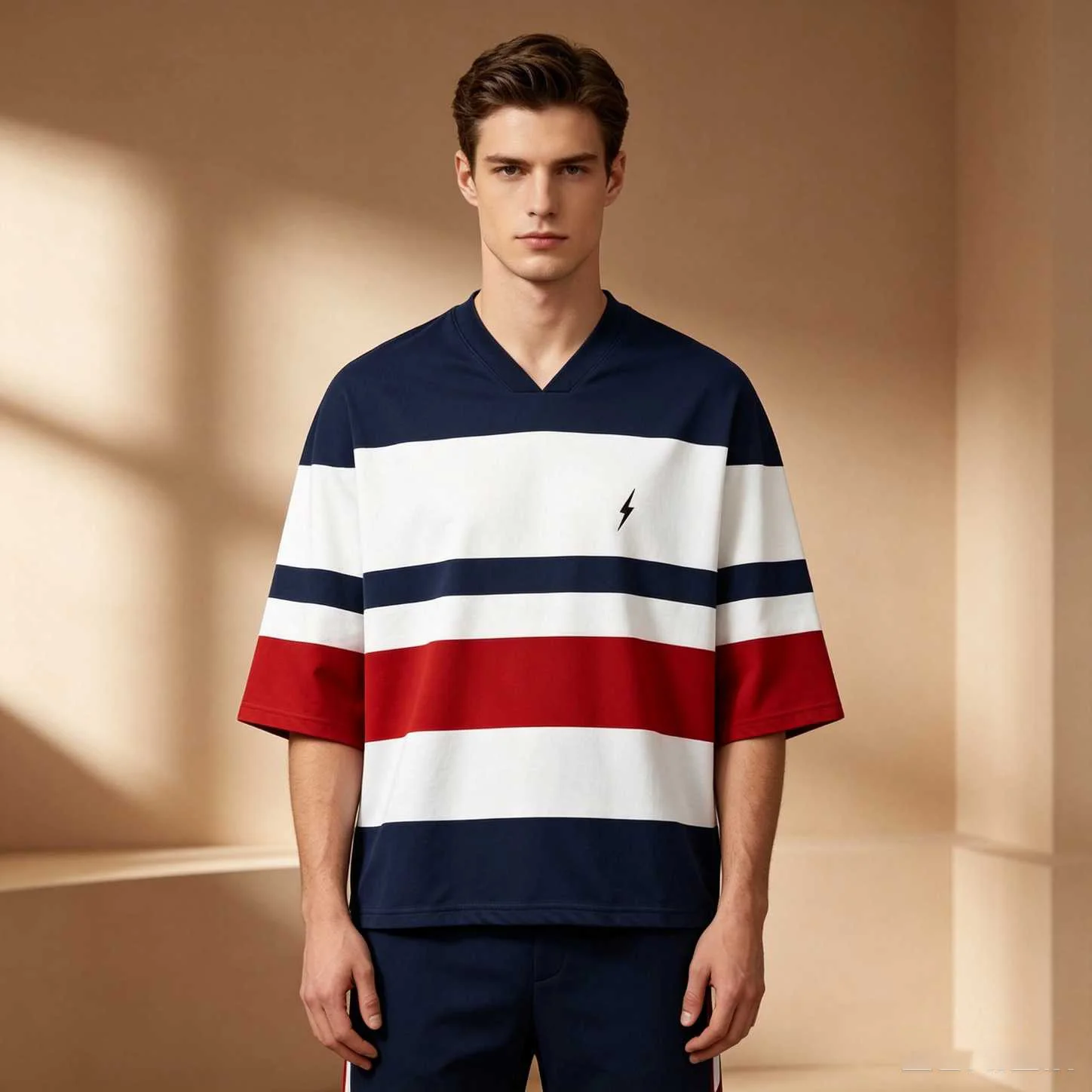 Red White Blue Stripe Lightning Men Oversized V Neck Elbow Sleeve Tee, Preppy Summer Casual Streetwear Loose Tops