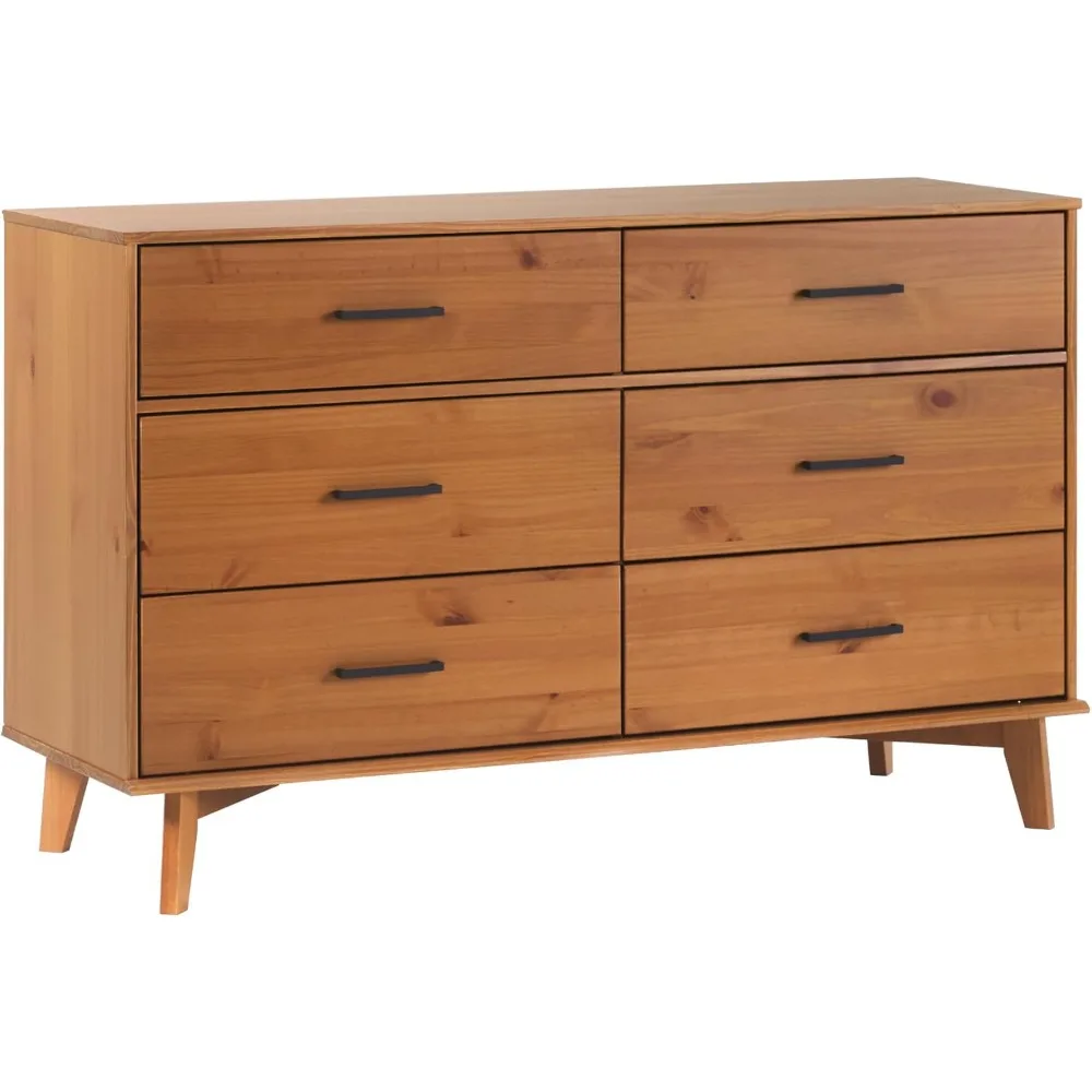 1 Unit 52 Inch 6-Drawer Solid Wood Dresser – Caramel, with Metal Handles – Versatile Timeless Style, Spacious Storage