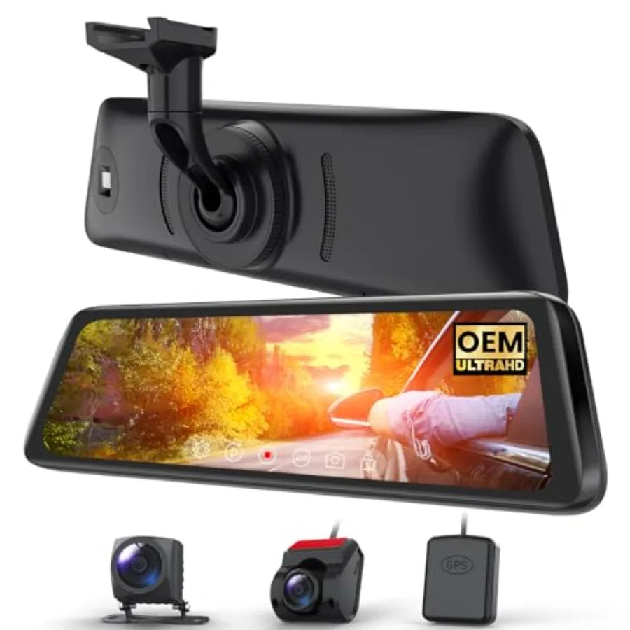 

Car/truck rear view mirror camera with detached front lens, 9.35 full laminated touch screen, no glare black mirror dash cam, s