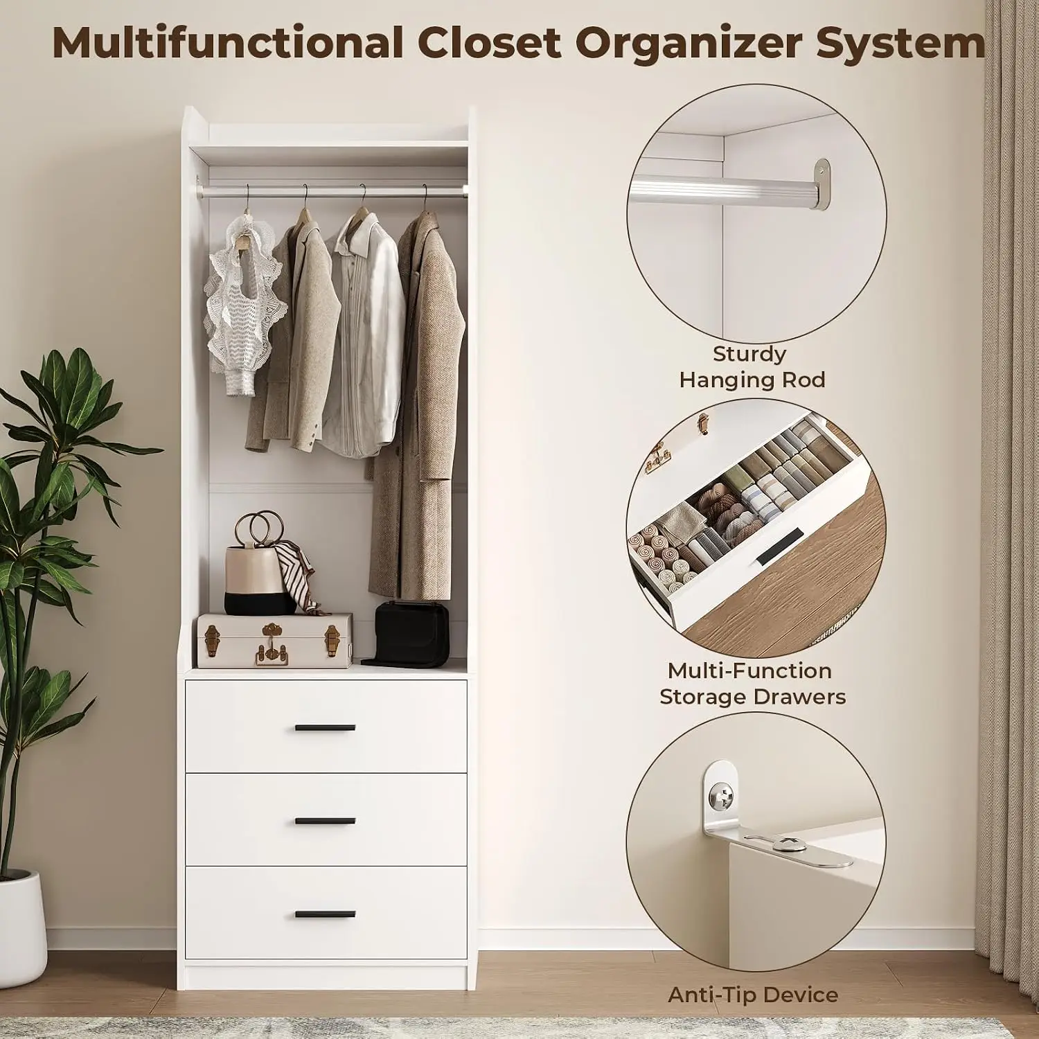71’’ Wardrobe Closet, Armoire with Hanging Rod and Storage Drawers,White