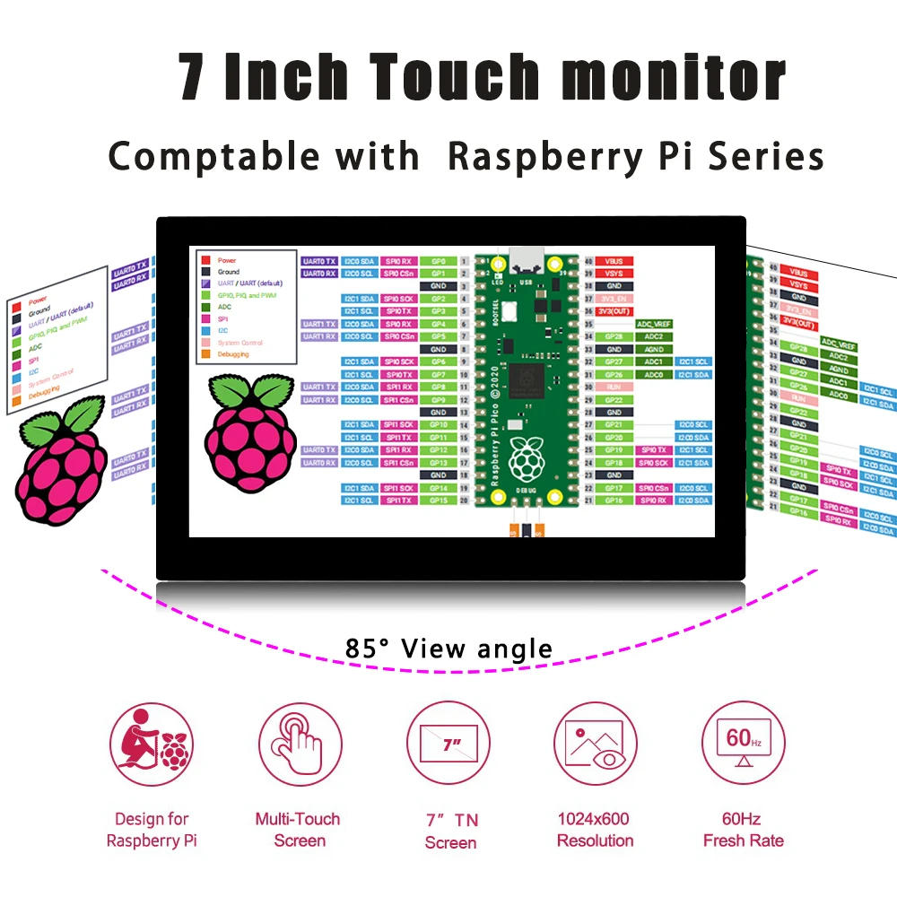 7 Inch Touch Screen 1024x600 Portable Monitor HDMI-Compatible For Laptop Xbox Switch Raspberry Pi Series Display With Stand