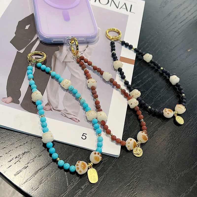 Cross-Border New Arrival White Jade Bodhi Charcoal Cat Model with Packaging Gasket Handle Chain Handmade Metal Chain Factory Mob