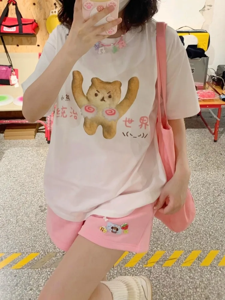 

ADAgirl Kawaii Bear Print T-shirt Women Funny Anime Graphic White Tees Japan Style Summer Fashion Short Sleeve Tops Soft Girl