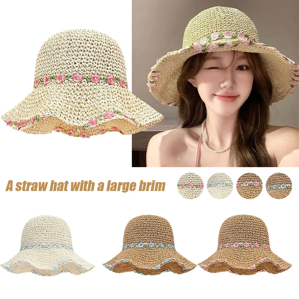 

Fashion Foldable Braided Hat Wavy Edge Large Eaves Fisherman Hat Breathable Hollow Out Sunshade Cap Outdoor Cap For Travel Beach