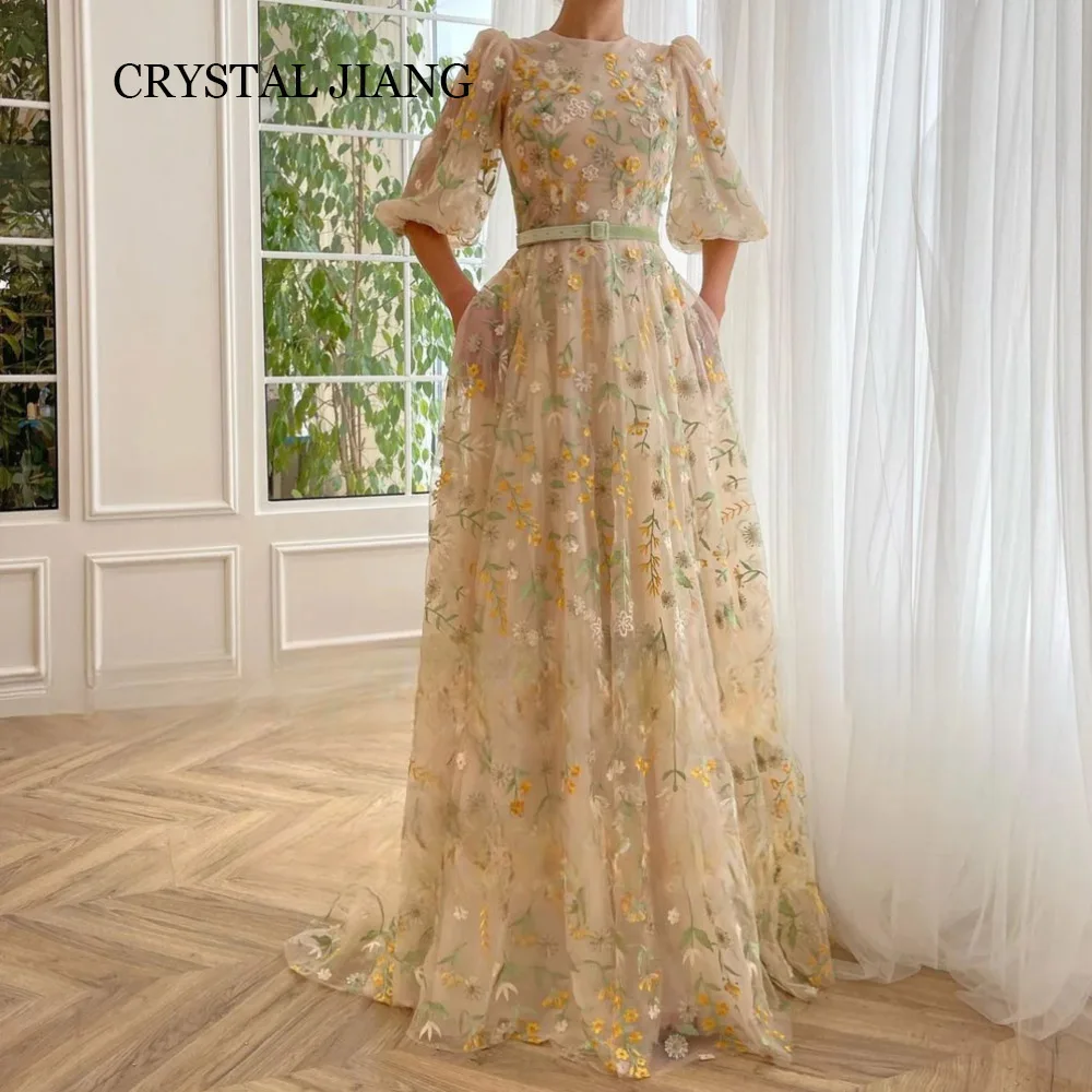 

Elegant Long O Neck Tulle Prom Dresses Half Sleeves with Floral Embroidery A Line Floor Length فساتين للمناسبات الخاصة