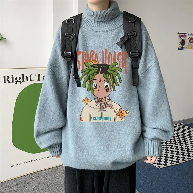 Cartoon Patterned Turtleneck Pullovers Soild Oversized Youth Man Couple Outfit Outerwear Classical Casual Size Plus Sweaters