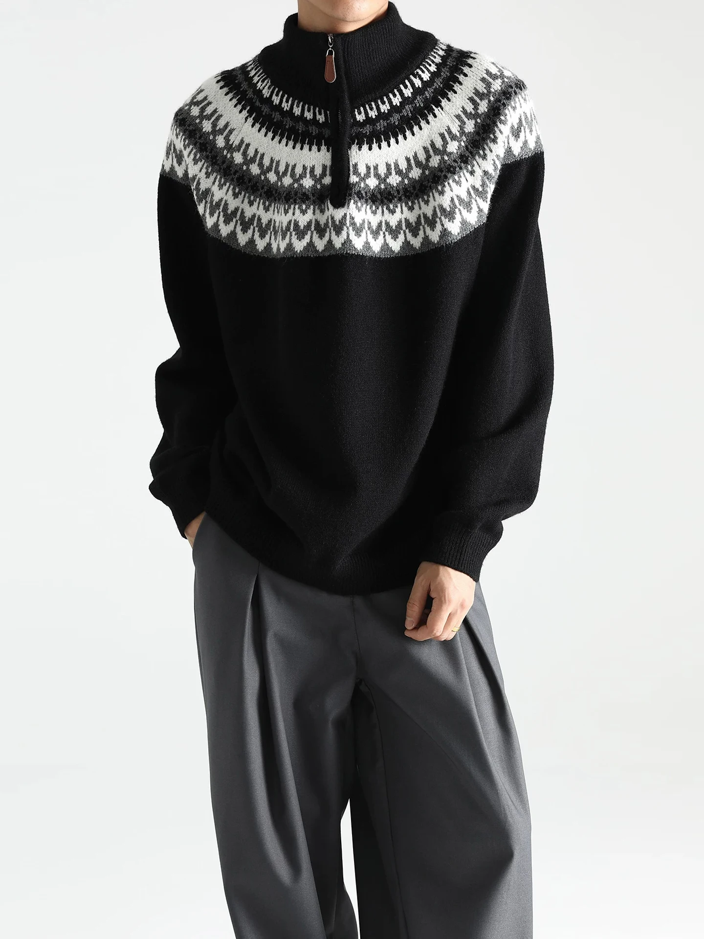 

Men's Fair Isle Knit Sweater Zipper High Ne Zipper Retro Sle f High Collar Lazy Sle Couple's Knitted Pullover