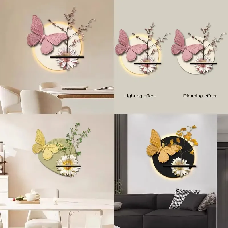 Creative Butterfly LED Painting with Hydroponic Green Plants Sandstone Art Decor for Living Room Background Wall Restaurant
