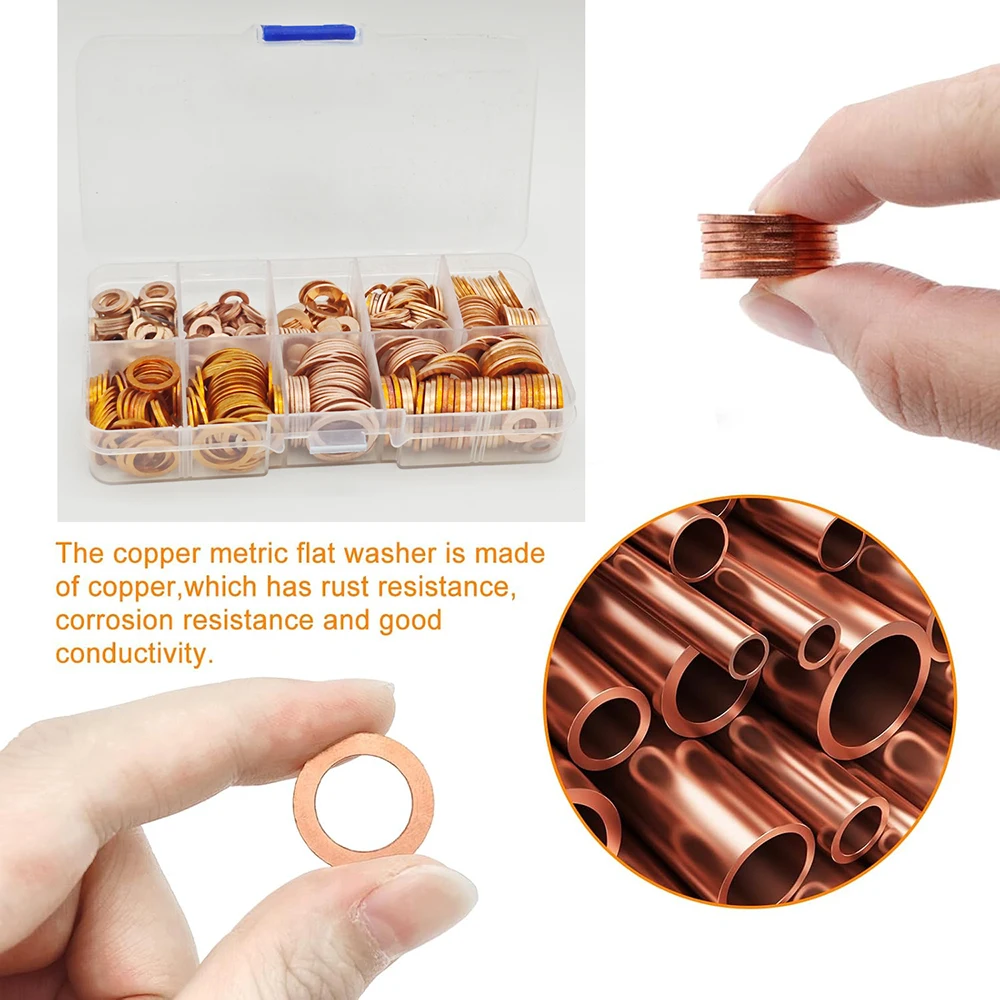 200-teiliges Kupfer-Unterlegscheiben-Dichtungsset, Flachring-Dichtungssortiment mit Box für Ölwanne, Kupfer-Flachunterlegscheiben, Öldichtung, Dichtungsset in Box – Detail 4