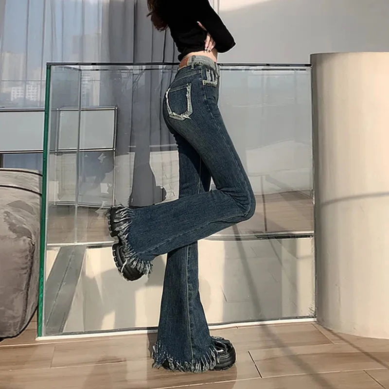 

MEXZT Vintage Flare Jeans Women Y2K Patchwork Tassel Wide Leg Denim Pants Streetwear Korean High Waist Slim Full Length Trousers