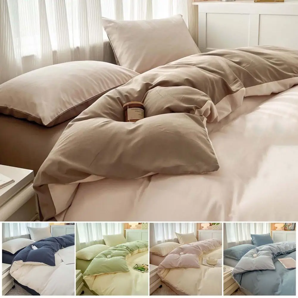 4 Pcs/Set Bedding Set Solid Color Sheet Cover Pillow Case Contrast Color Machine Washable Bedroom Dorm Quilt Cover