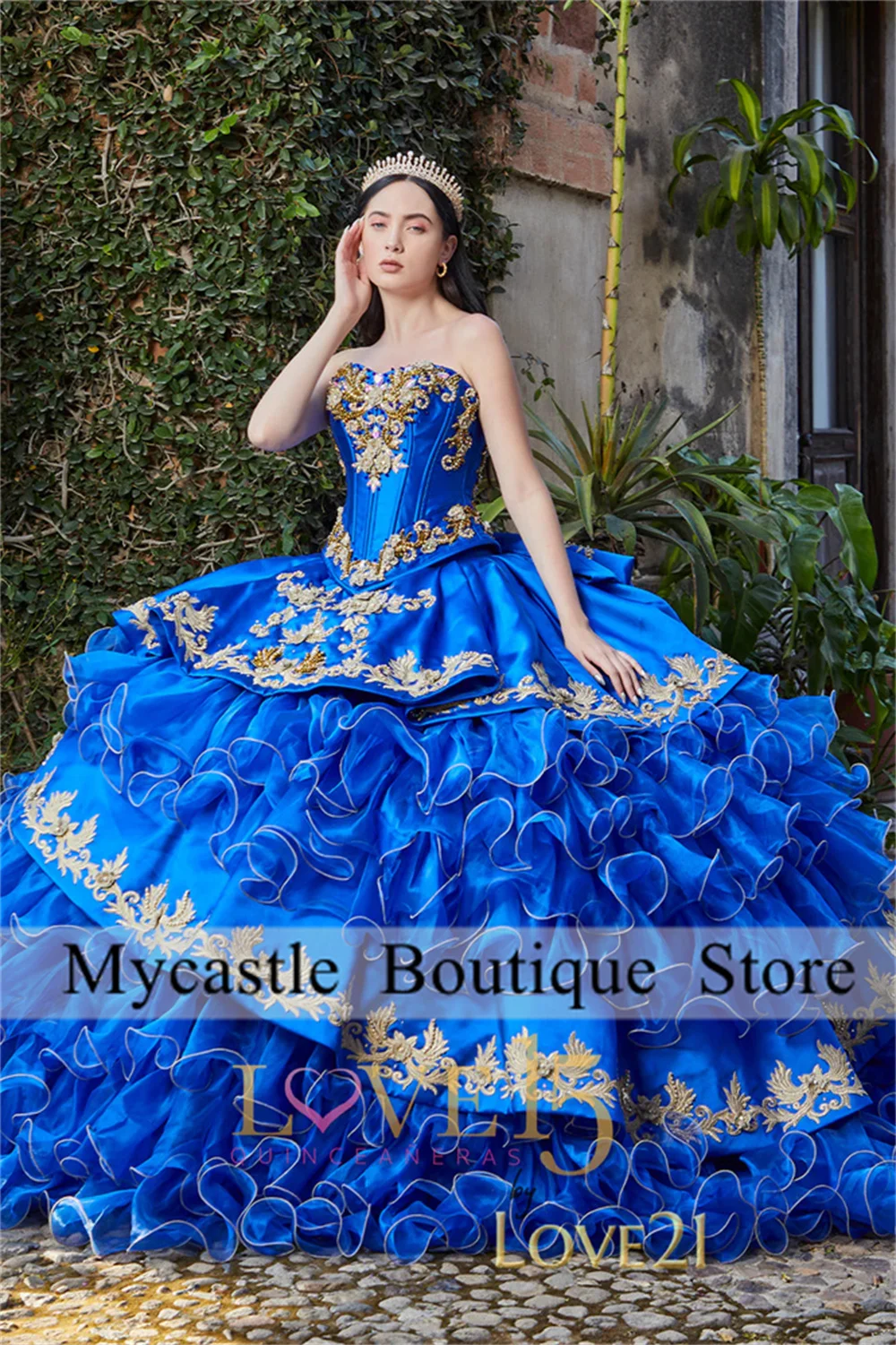 

Mexico Blue With Gold Appliques Quinceanera Dresses 2024 Off Shoulder Beads Crystal Ball Gown Tull Tiered Ruffles Sweet 16 Dress