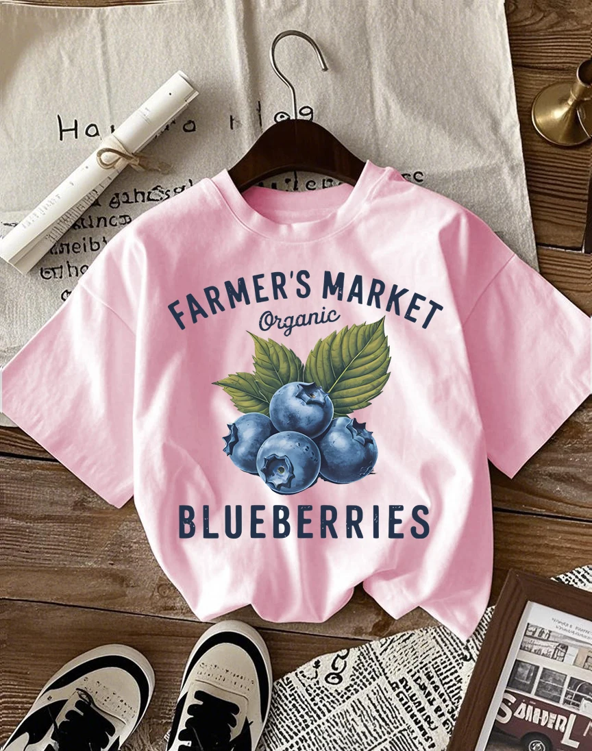 Farmer'S Market Orangic Blueberries Print T-Shirt Women Cotton Casual T Shirts Y2K Loose Sportswear O-Neck Summer Clothes