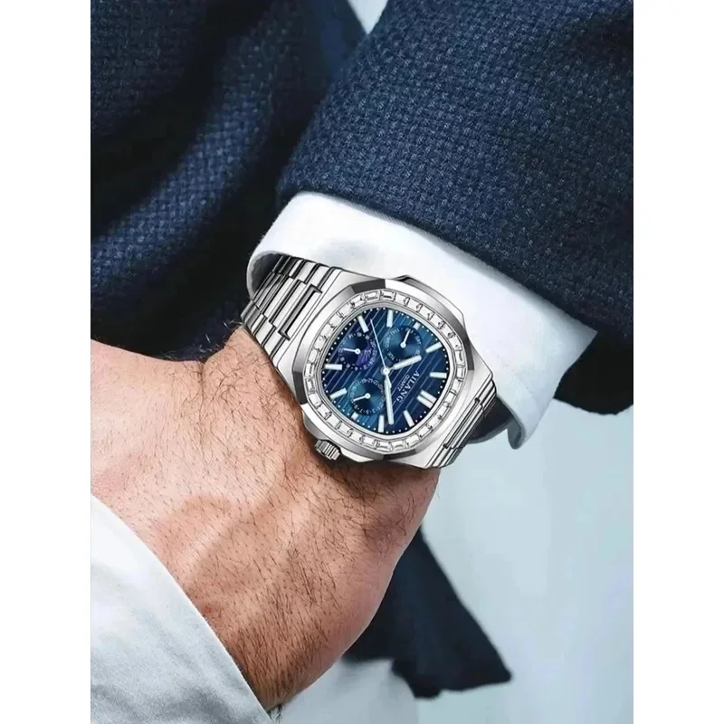 AILANG-6001 Men's Quartz Watch, Octagonal Diamond Bezel, Blue Wave Dial, Multifunctional Calendar, Waterproof Wristwatch with St