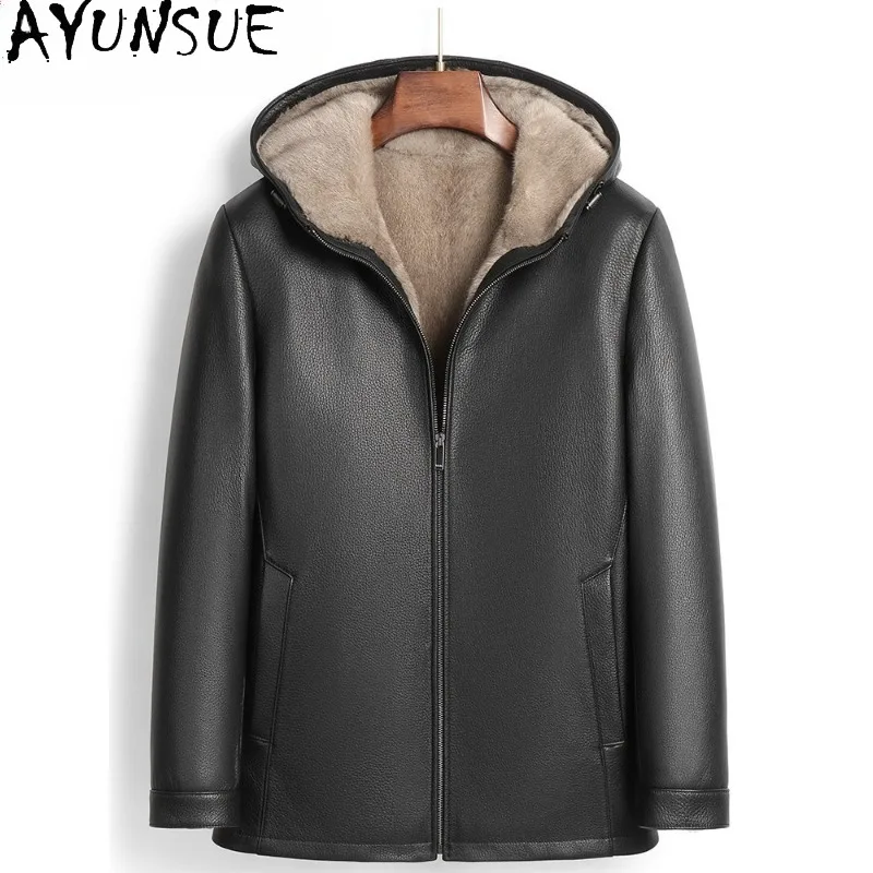 AYUNSUE Top Quality Genuine Goatskin Leather Jacket Men Winter Luxury Hooded Real Fur Coat Man Whole Mink Fur Liner Coats Hooded