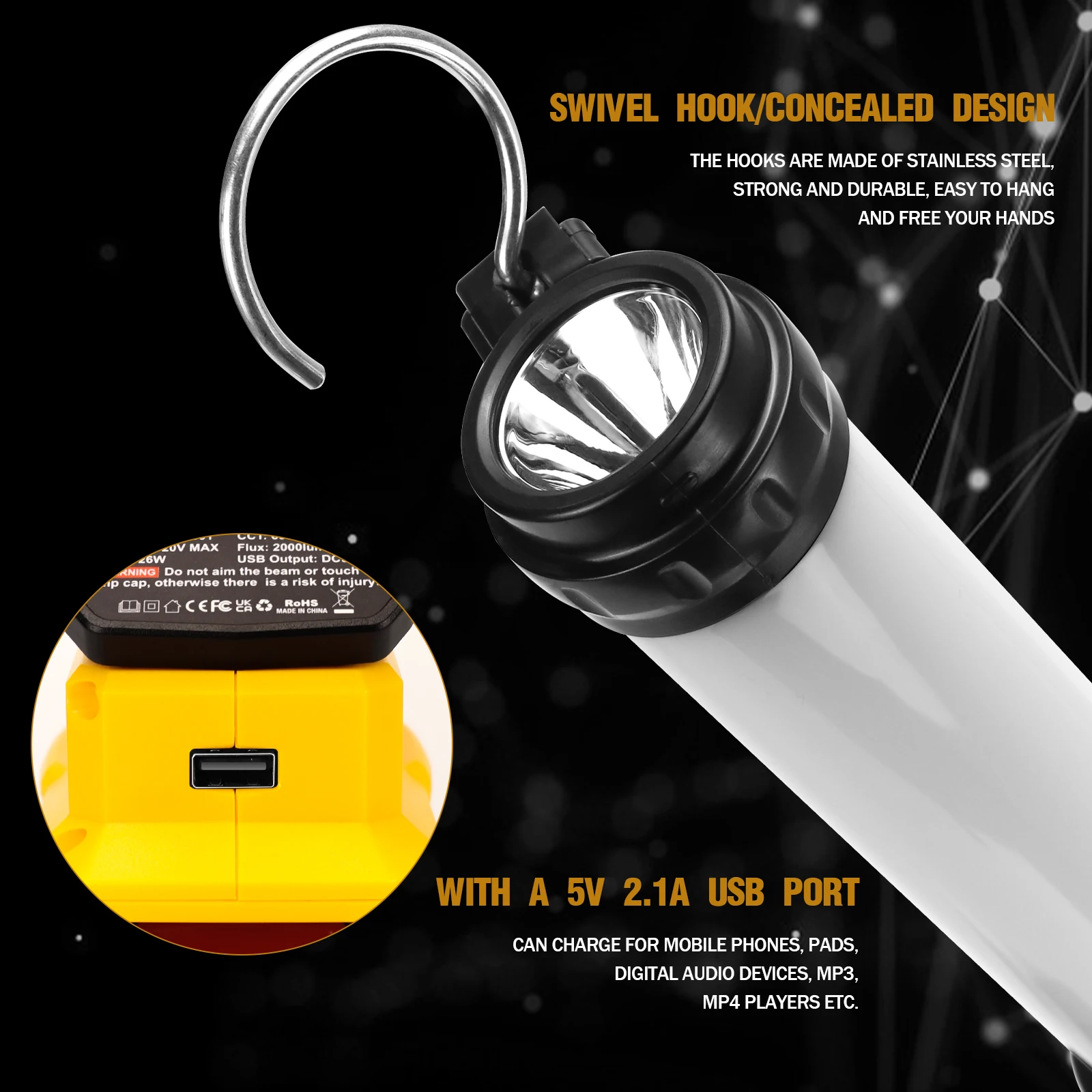 Luz LED de trabajo inalámbrica para Dewalt, linterna con batería de iones de litio, DCB203, DCB204, DCB206, DCB205-2, DCB204-2, 26W14.4V-20V, 2000LM