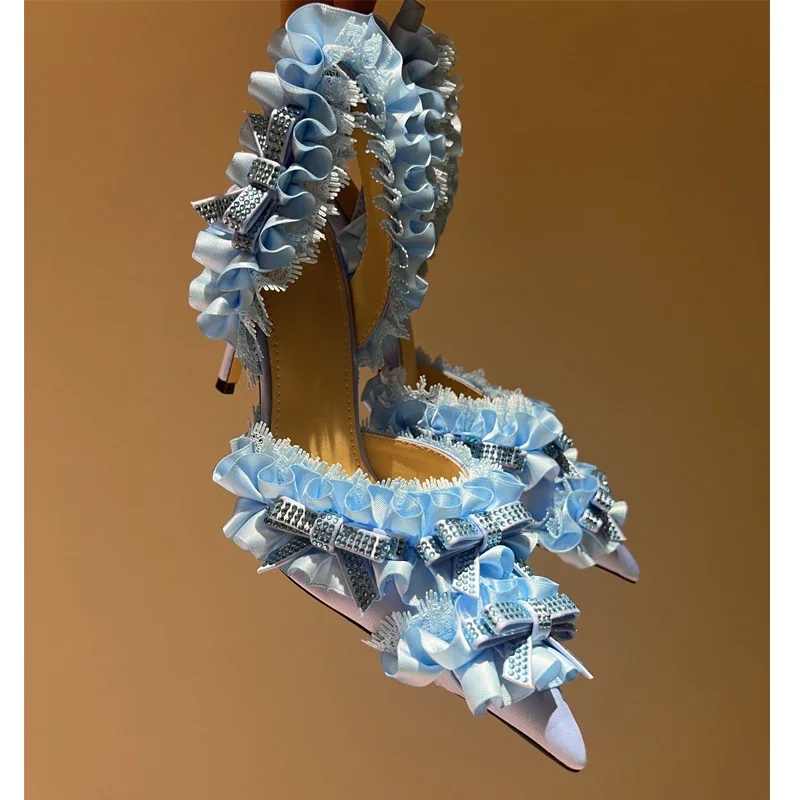 

Rhinestone Bow Lace Slingback Stiletto Sandals Woman Summer 2025 Pointed Closed Toe Lolita Style High Heels Shoes for Women