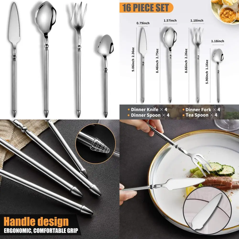 

16-Piece Stainless Steel Flatware Set for Four, Crafted Double-edged Knives, Mirror Polished Finish