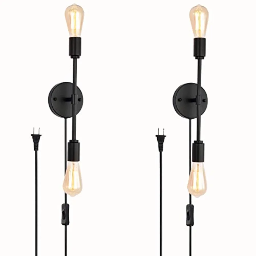 2-Light Black Bathroom Vanity Light Fixtures Modern Industrial Wall Light Fixtures with On/Off Switch Cord, Plug in Wall Sconce