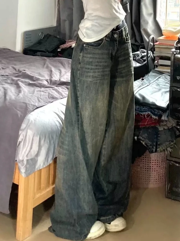 Deeptown Y2k Vintage High Street Jeans a gamba larga donna American Retro Casual All-match Streetwear pantaloni in Denim 2000s donna