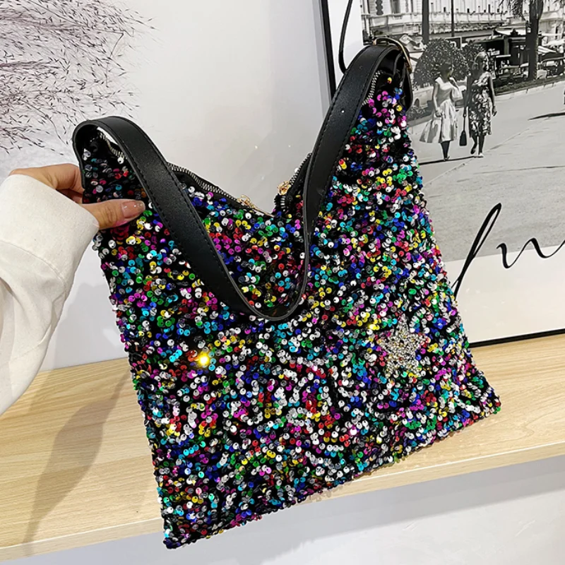 Trendy Sequin Tote Bags for Women 2023 New Personality Luxury Underarm Shoulder Bag Ladies Ins Fashion Party Cute Large Handbag