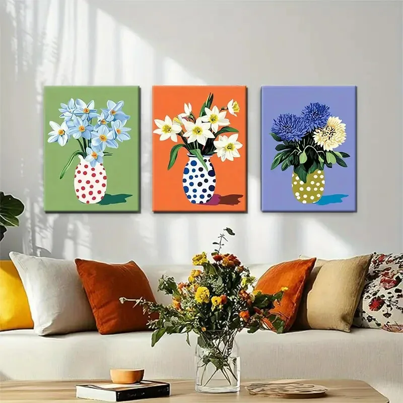 2D Flat, 3pcs Polka Dot Vases with Daffodils Perfect Wall Art Canvas Unframed/