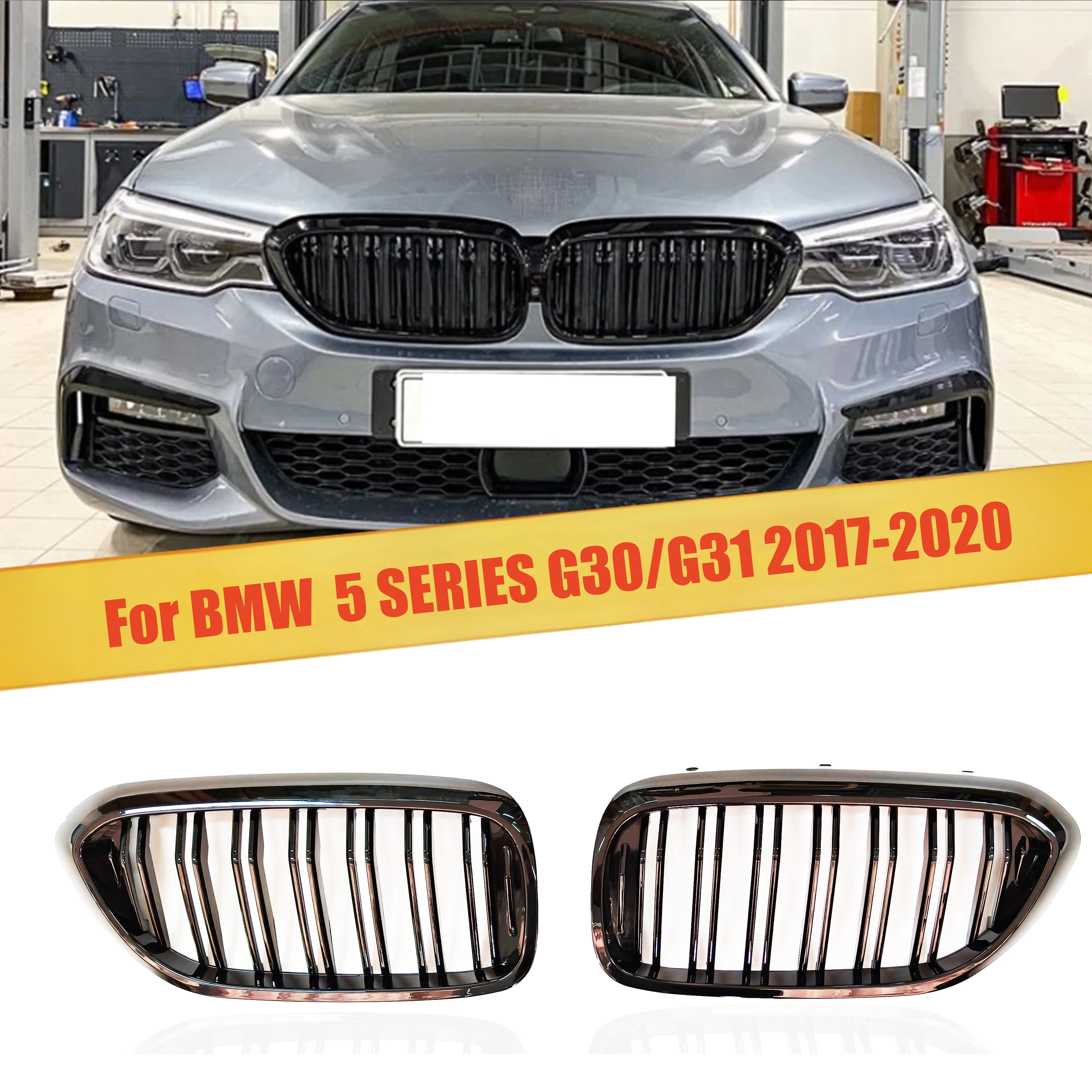 Front Kidney Grille For BMW 5 Series G30 G31 2017-2020 Pre-LCI Double Slat Without Light Gloss Black Bumper Grill