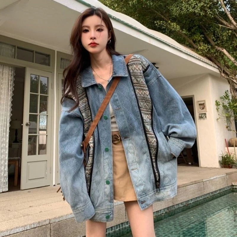 Spring and Autumn Minority Lapel Loose Coat Denim Jacket Women Vintage American Style High Street Lovers KoreanVersion Stitching