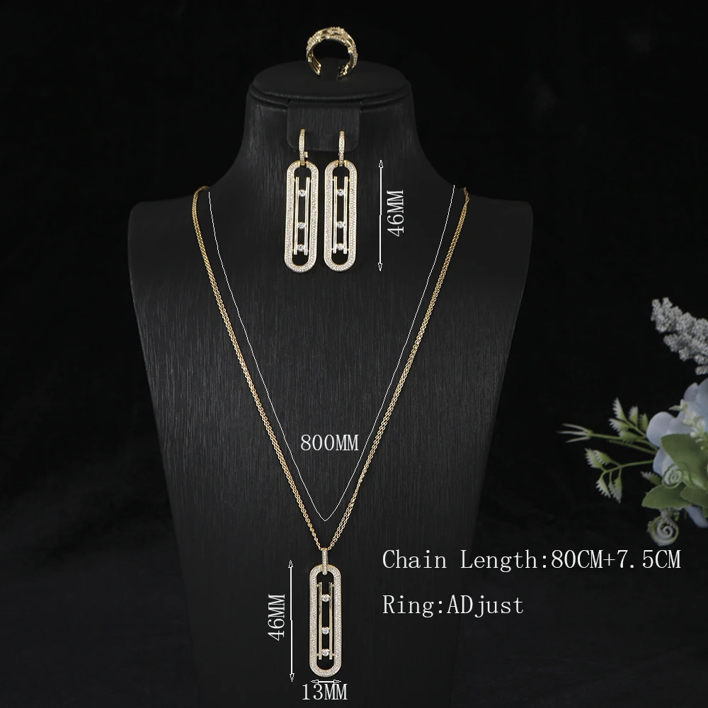 Luxury AAA Zircon Paper Clip Necklace Sweater Chain Earrings Ring Set For Women High Quality Party Wedding Jewelry S425