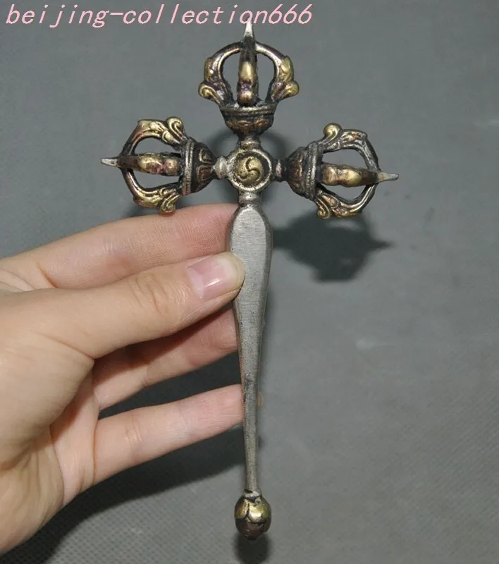

5.6 inch Tibetan silver bronze cross exorcism Dorje Vajra phurpa faqi dagger faqi- Brass animal sculpture