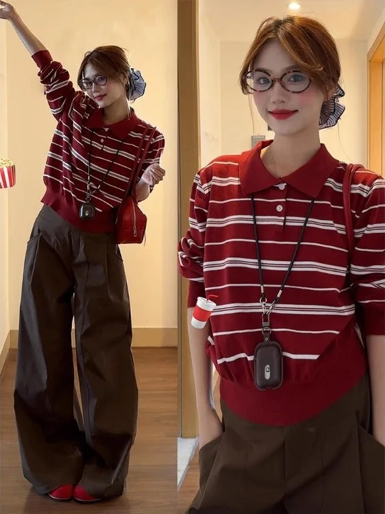 

Весна-Осень College Sle Lazy Long Sve Трикотажный женский топ в красные полоски irt Прямая трубка Обычная длина све L...