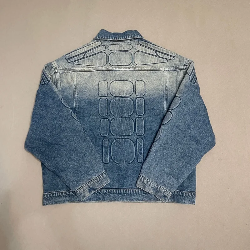 3D Motorcycle Blue High-Quality Men's Women's Oversized High-Street Satoshi Nakamoto Washed Denim Jacket