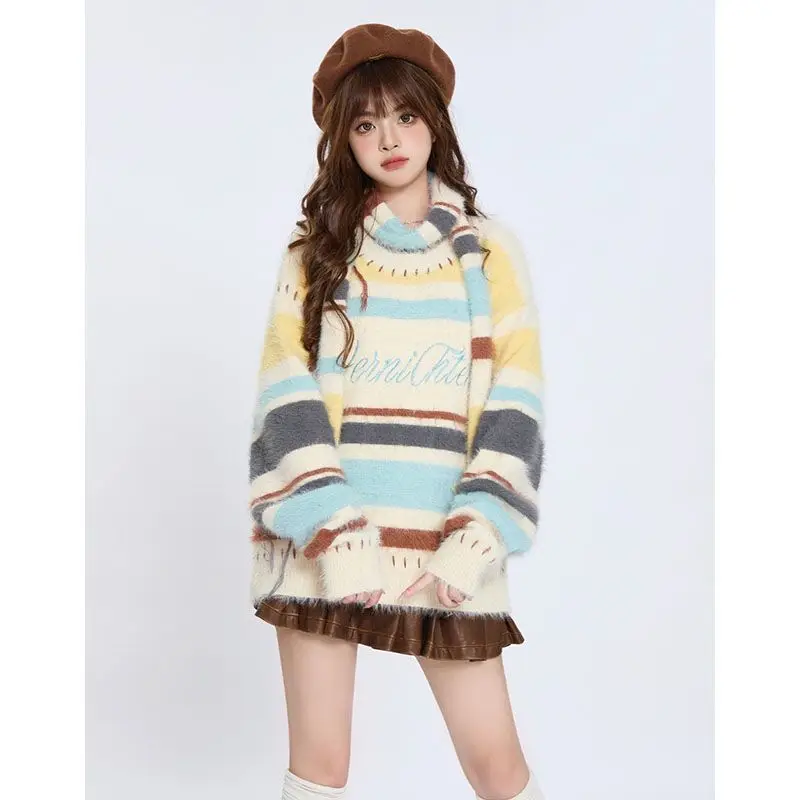 

Американский ретро контрастный цветной свитер в полоску со звездами, женский свободный шарф, осенне-зимний пуловер с круглым вырезом, модный топ