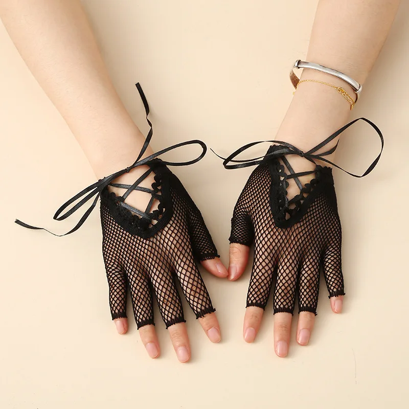 Gloves Summer Thin Bridal Full Finger Fishnet Lace Bow Wedding Party Performance Elegant Breathable Lightweight White