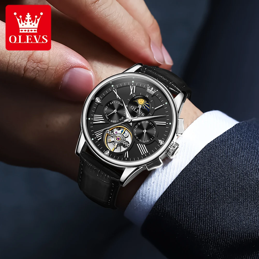 OLEVS 9912 Hollow Automatic Watch for Men Fashion Leather Strap Waterproof Moon Phase Skeleton Flywheel Mechanical Mens Watch es