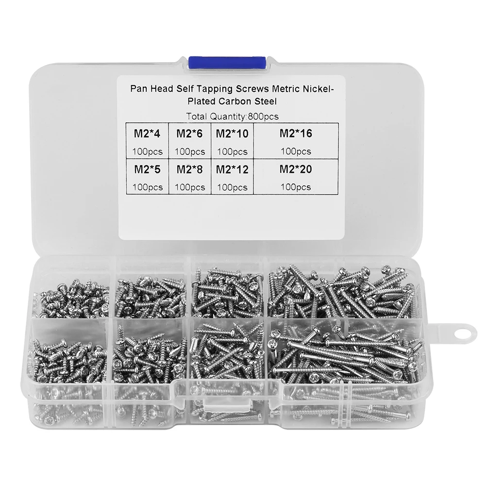 800pcs M2 Cross Drive Pan Head Self Tapping Screws Woodworking Fastener with Box for Electrical Appliances Machinery