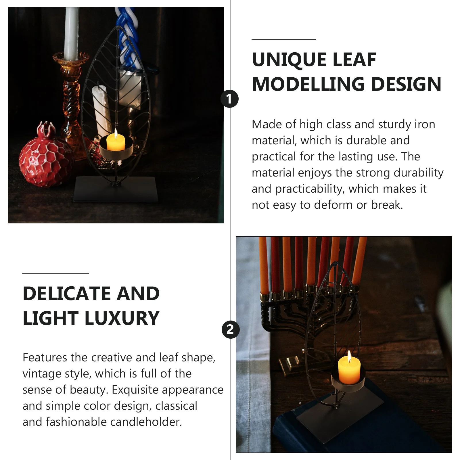 

Iron Art Candleholder with Leaf Design Retro Stand for Home Dining Room Decor Romantic Candlestick Holder