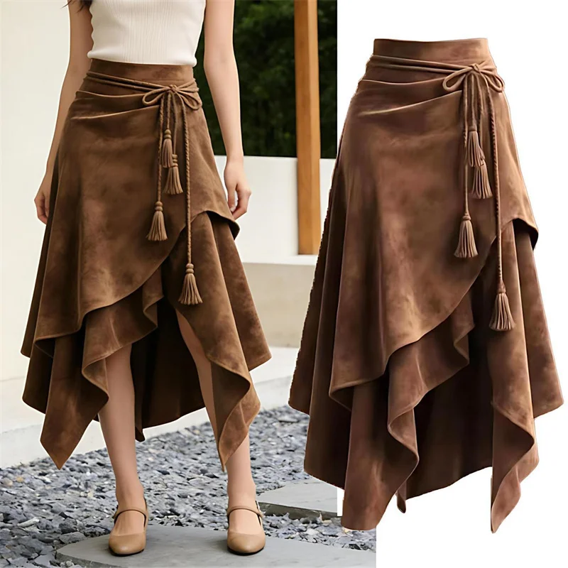 Vintage Irregular Lace Up A Line Skirt Woman Slim Middle Long Skirts Spring Autumn Women Clothes Fashion Streetwear