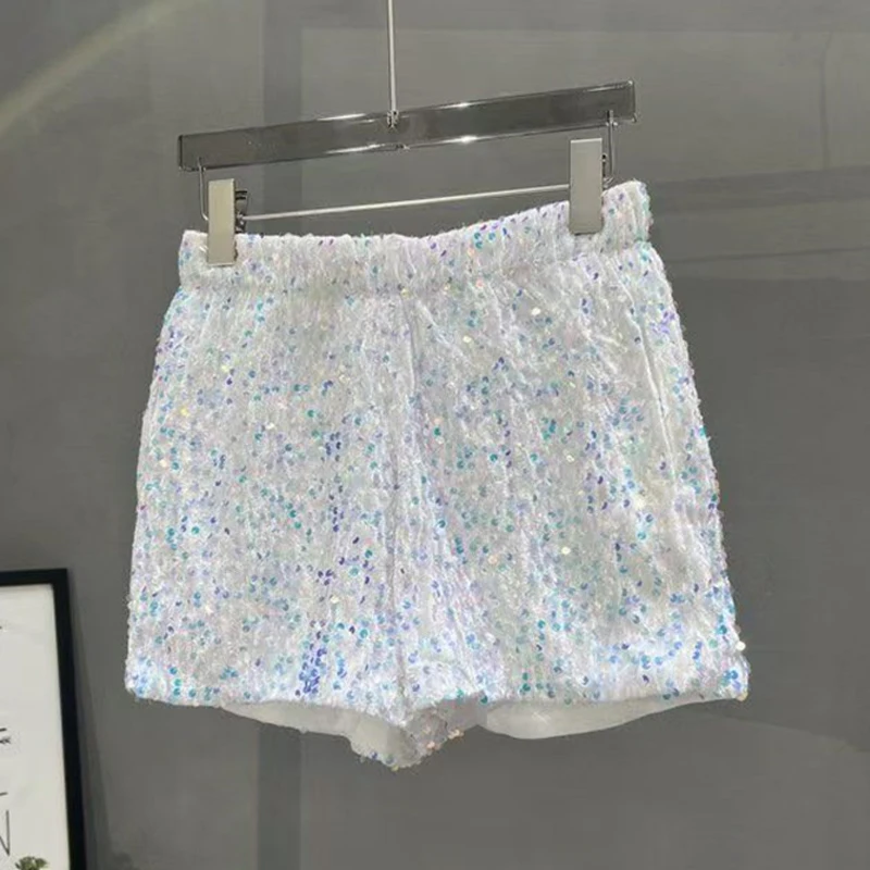 Damen Pailletten-Shorts mit elastischem Bund, glitzernde Hose, schmale Passform, lässige Hose, Nachtclub, Halloween, Festival, Party, Bühnenshow, Y2K-Shorts – Detail 7