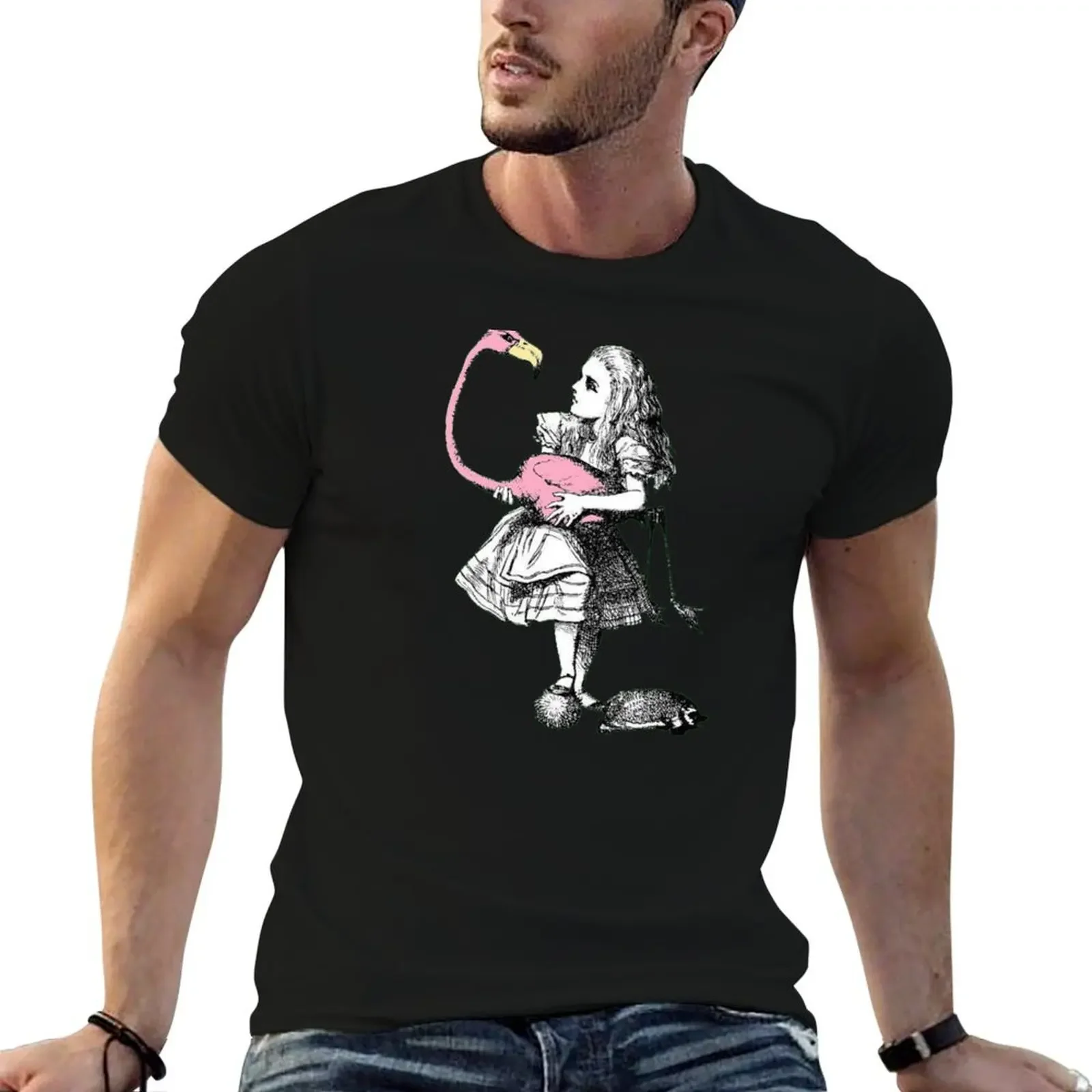 

Alice and the flamingo, wonderland T-Shirt customs design your own plus sizes tees t shirt for men