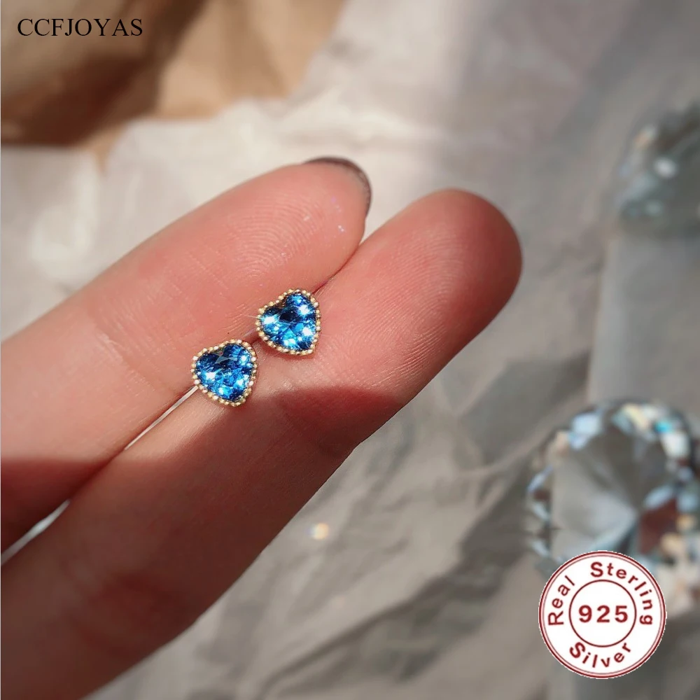 

CCFJOYAS 925 Sterling Silver Heart Shaped Sapphire Stud Earrings for Women Korean Style Sample INS Sky Blue CZ Earrings Jewelry