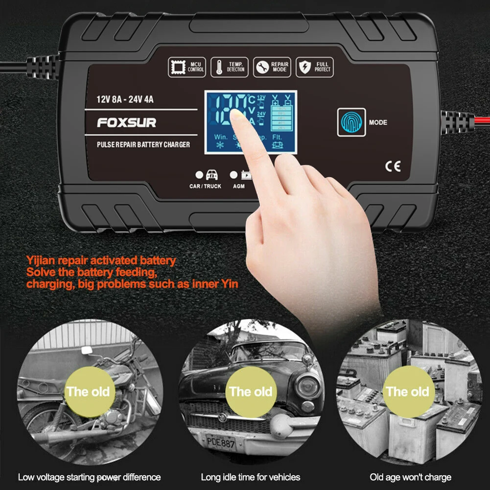 FOXSUR-Chargeur de batterie automatique, réparation d'impulsions en 3 étapes, mainteneur de batterie numérique pour support GEL AGM, plomb-acide de calcium, 12V, 24V, 8A