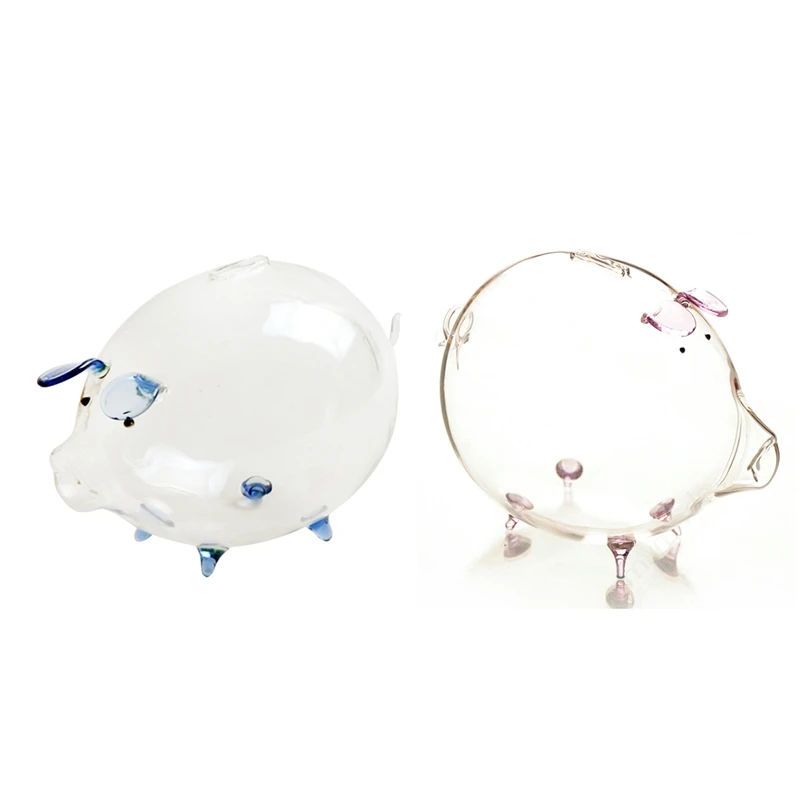 2Pcs Pig Piggy Bank Money Boxes Coin Saving Box Cute Transparent Glass Souvenir Birthday Gift For Children Kids - Blue & Pink