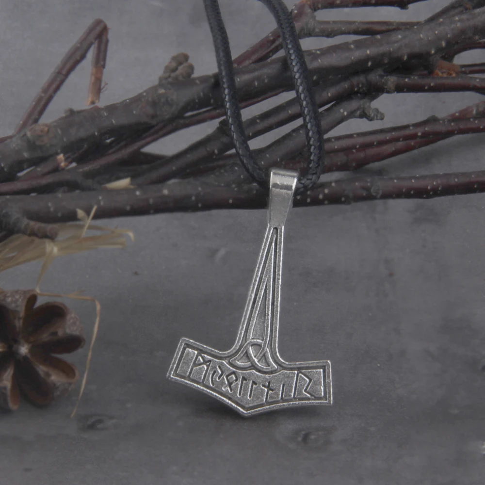 dropshiping Viking Jewelry antique silver color rune thor hammer pendant necklace with cotton necklace chain