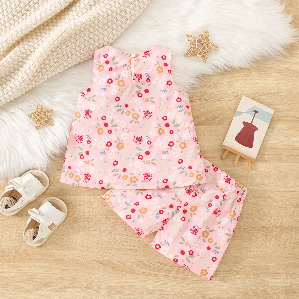 Summer New Thin Girls\' Set Baby Girl Bow Floral Print Suspender Shorts Beach Casual Cute Set 2 Pcs