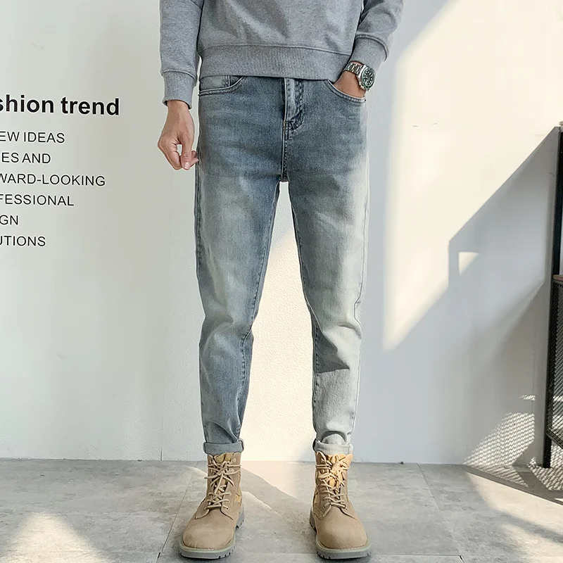 

Light Blue Men's Jeans Spring Autumn 2023 Trendy Brand Slim Fit Casual Haome Long Pants mid Low Waist Zipper Cotton Polyester