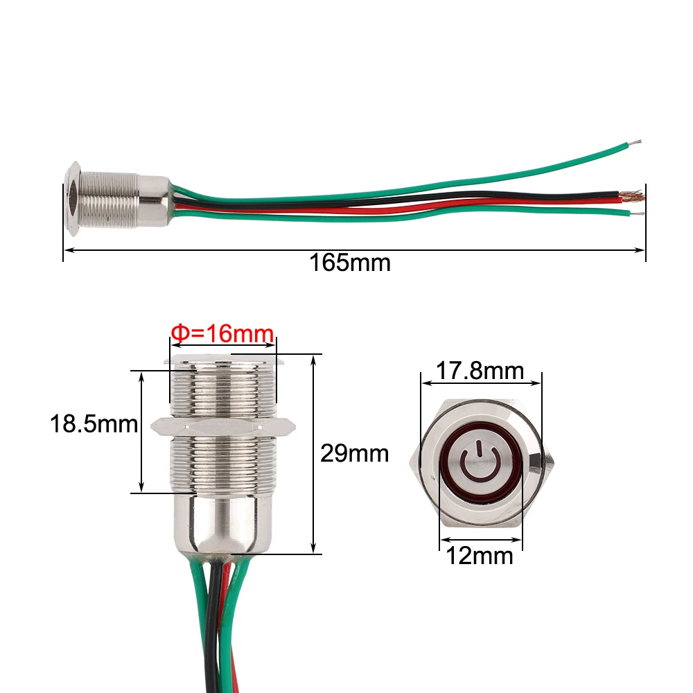 16MM metal Push Button Switch With Wires Switch Momentary Reset Latching fixed locking 220V 12V Glue injection Waterproof