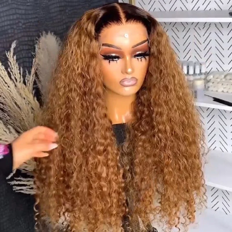 

Ombre Honey Blonde180Density Soft Glueless Kinky Curly Lace Front Wig For Women BabyHair 26Inch Long Heat Resistant Preplucked